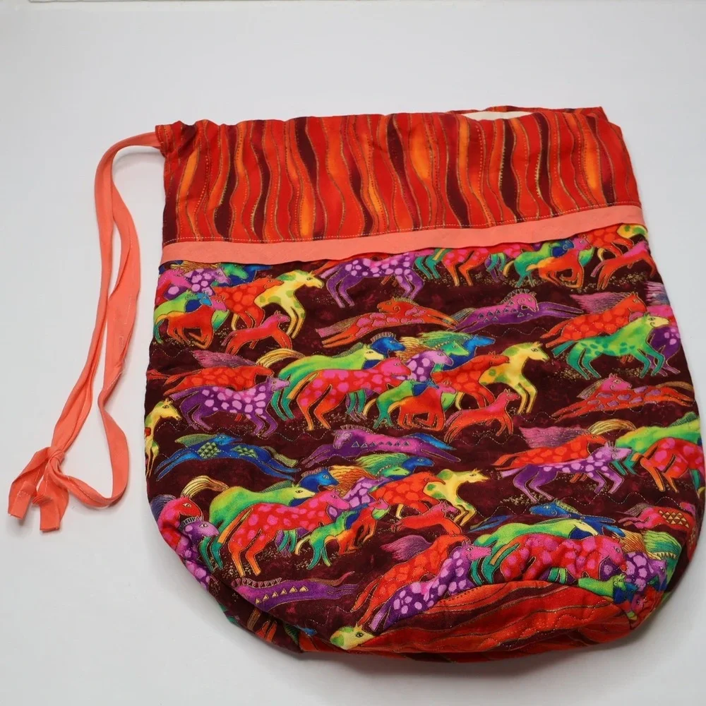 Handmade‎ Laurel Burch Fabric Horse Drawstring Bag Quilted Colorful Psychedelic